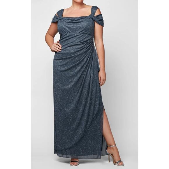Alex Evenings Ruched Gown Glitter Mesh Cowl Neck Cold Shoulder 18W Elegant Party - Picture 1 of 8